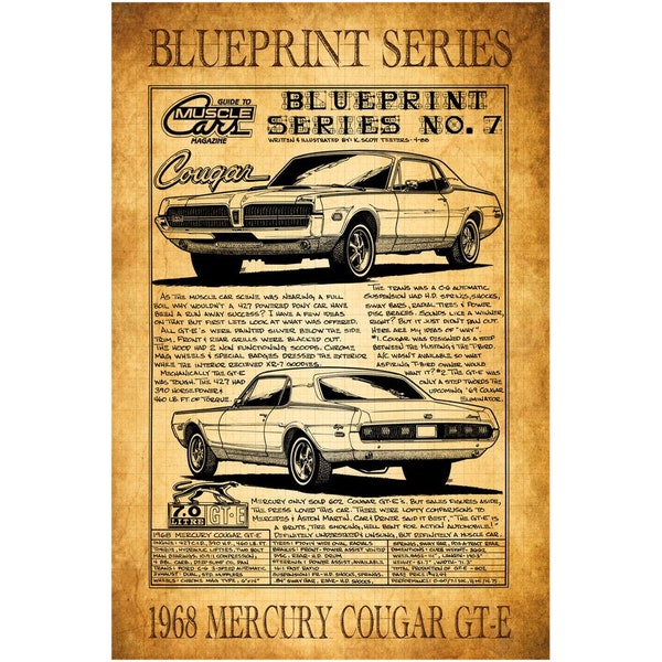 1968 427 GT-E Mercury Cougar Canvas Poster Art Print ,12x18, 16x24, Classic Mercury Muscle Car Décor, Man Cave Car Art Canvas Poster