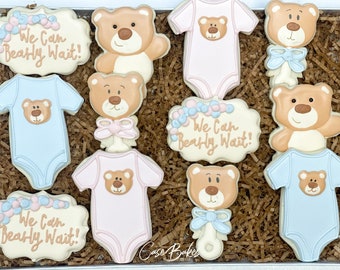 We can Bearly Wait Gender Reveal Bear Baby Shower Sugar cookies - 1 Dozen