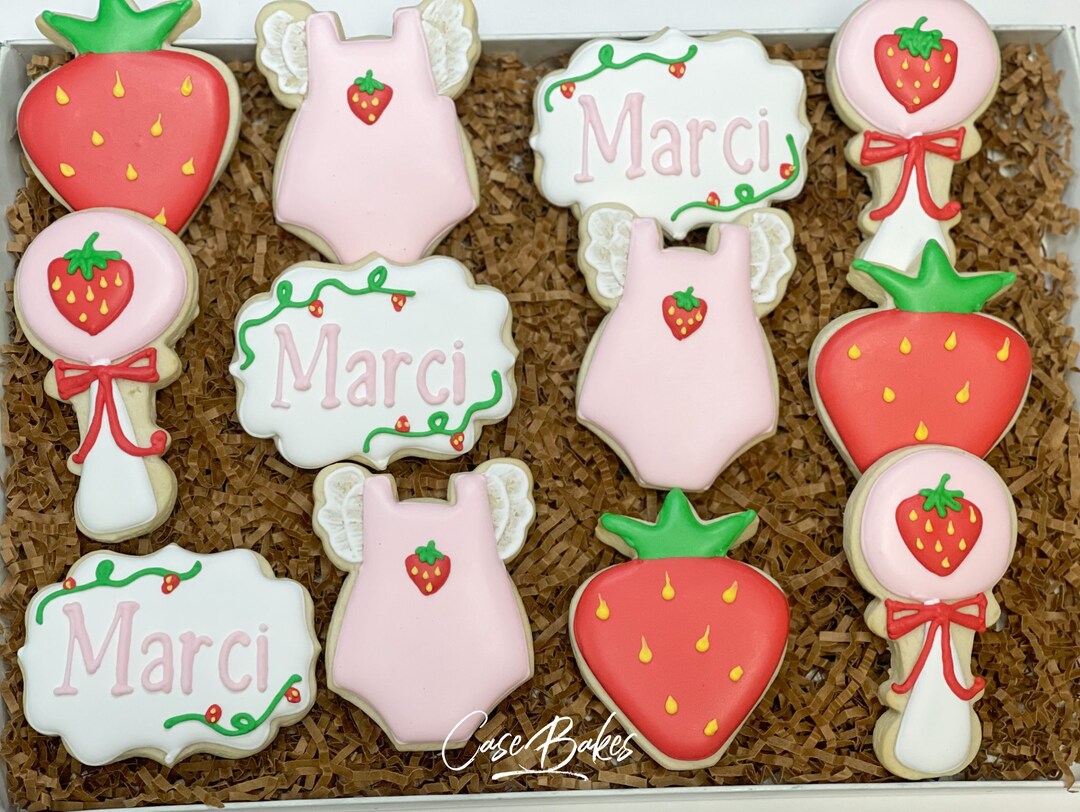 Strawberry Themed Baby Shower Sugar Cookies 1 Dozen Etsy