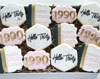 Modern Pink White black Birthday Sugar Cookies - 1 Dozen