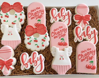 Cherry on top Cherry themed baby shower cherry onzie cherry bib cherry rattle baby Shower Sugar Cookies - 1 Dozen