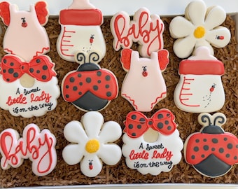 Lady bugs baby shower love bug daisy red and black baby shower  Baby Shower themed Sugar Cookies - 1 Dozen