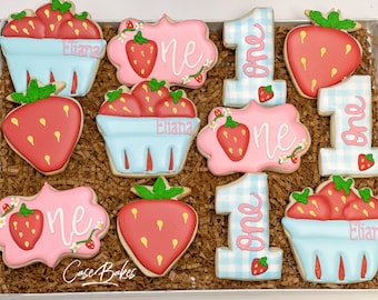 Strawberry Cookies Strawberry birthday cookies Strawberry theme Strawberry Birthday Berry first| Birthday Sugar Cookies - 1 Dozen