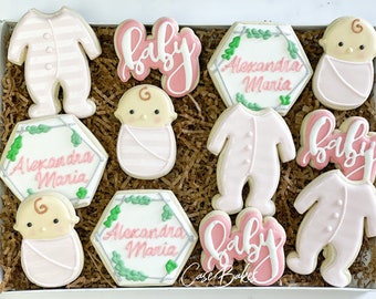 Girly Pink Greenery baby shower Cookies - 1 Dozen