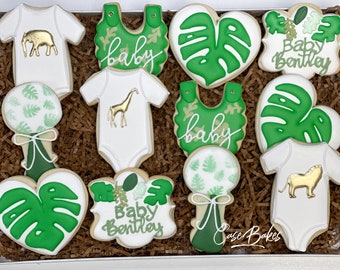 Safari animal Baby Shower Gold and Green Sugar Cookies - 1 Dozen