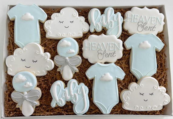 Heaven sent Baby Shower cloud baby shower rainbow baby shower themed Sugar Cookies - 1 Dozen
