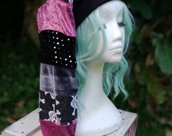 Stripe pixie beanie, pink black & skulls, long pointy soft cotton stretch hat. Goth festival fairycore elven witch costume warm winter cap