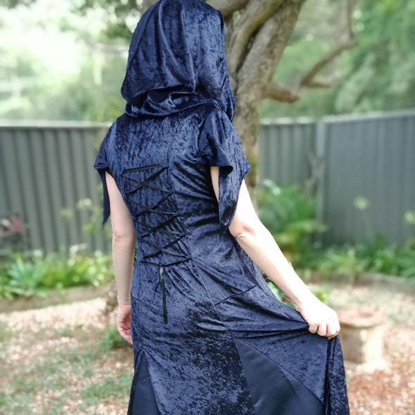 Midnight blue velour hooded witch or wizard coat. Long duster Jacket Gothic fairycore elven festival medieval costume LARP