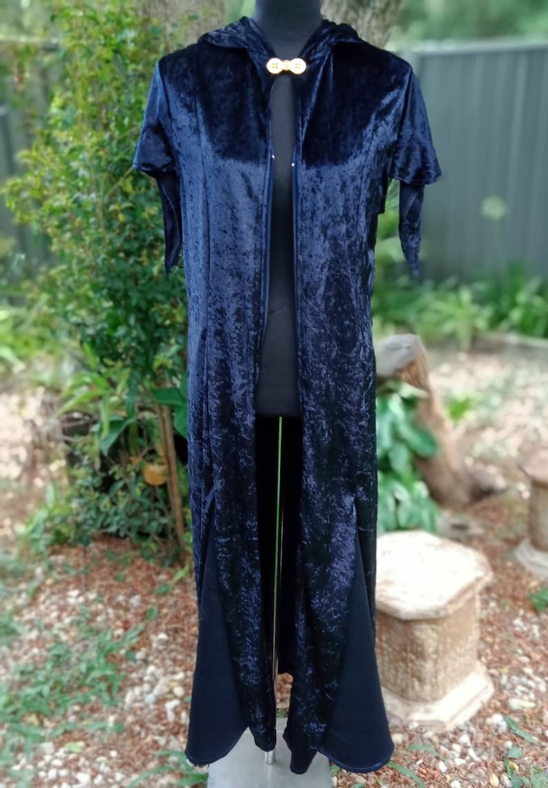 Midnight blue velour hooded witch or wizard coat. Long duster Jacket Gothic fairycore elven festival medieval costume LARP image 7