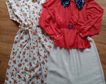 Retro fashion bundle, pleated skirt + vintage blouse + floral dress. 60's or 70's mod preppy clothing costume bulk lot