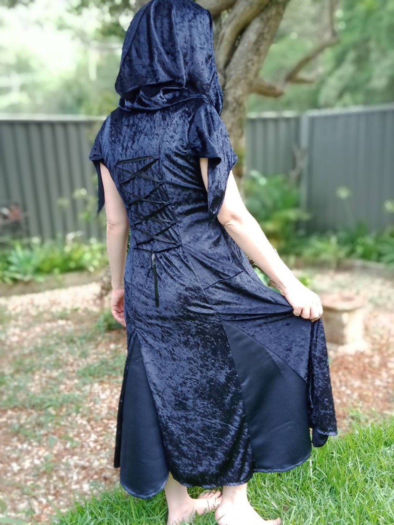 Midnight blue velour hooded witch or wizard coat. Long duster Jacket Gothic fairycore elven festival medieval costume LARP image 1