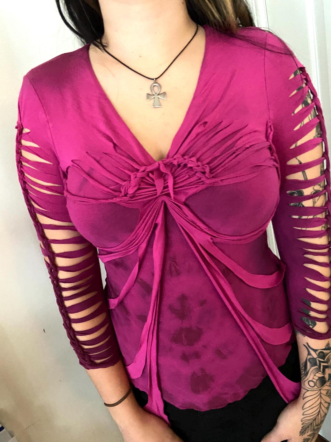 Pink Slashed Pocket Fuchsia Pink T-shirt, Slashed and Slit Weaving. Shredded Cut Out Top ...