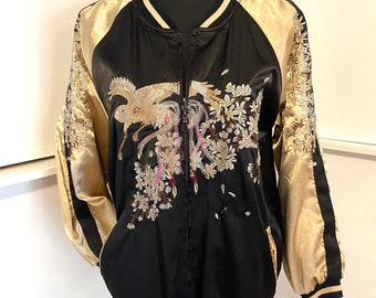 Veste japonaise Sukajan, fleurs d'oiseaux brodées, veste souvenir brodée, manteau aviateur en satin, streetwear unisexe