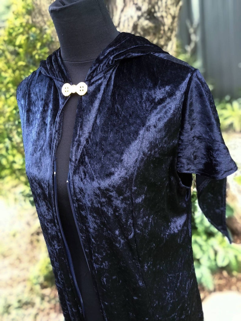 Midnight blue velour hooded witch or wizard coat. Long duster Jacket Gothic fairycore elven festival medieval costume LARP image 5