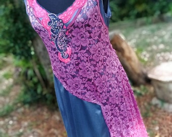 Dyed slip dress with vintage lace layer. Size M, blue pink purple. fairycore boho Gypsy hippie fairy festival pixie elven witch