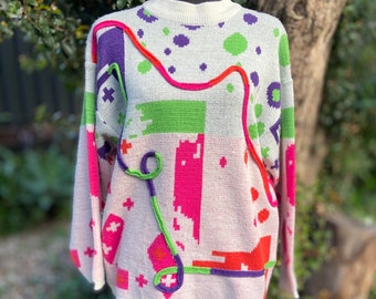 Vintage 80’s knit jumper with neon geometric pattern. retro knitted sweater pullover eighties fashion unisex costume party