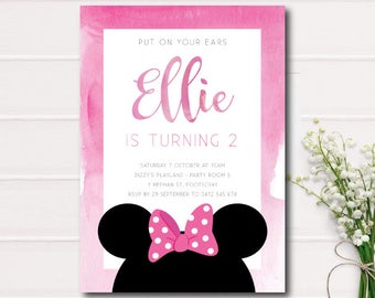 Minnie Mouse First Birthday Printable Invitation, Girls Invitations, Ombre Pink Watercolor, Minnie Mouse Pink Bow Party Invite, Second