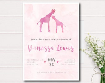 Pink Giraffe Baby Shower Invitation, Watercolor Baby Shower, Pink Girl Baby Shower Invite, Watercolour Custom Design, Custom Baby Invitation