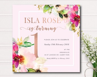 Floral First Birthday Invitation, Rose Gold Foil Printable Invitation, Garden Birthday Invitation, Rustic First Bday, Blush Rose Gold Girl