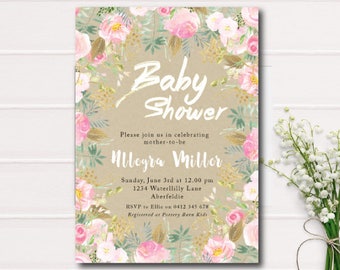 Floral Baby Shower Invitation Pink and Gold Foil Baby Shower Printable Invite White and Gold Foil Rustic Floral Baby Shower Printable Invite