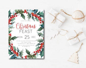 CHRISTMAS PARTY INVITATION Red Green Festive Holiday Party Invitation Rustic Christmas Invite Holly Holiday Party Invite Printable Mistletoe