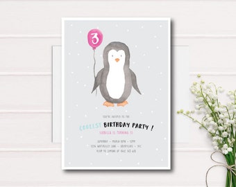 Penguin baby Birthday Party Printable Invitation, Cute Penguin Balloon, first Birthday Cute Animal Printable Invite, Winter Wonderland, 1st