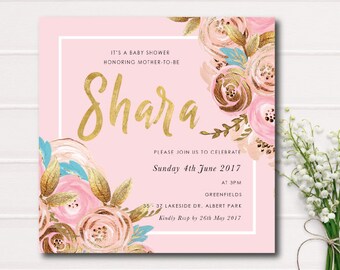 Baby Shower Invitation, Pink and Gold Foil Floral Baby Shower Invitation, Garden Baby Shower Invite, Watercolor Baby Shower, Custom Designs