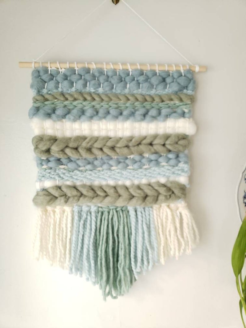 Azul Verde Y Crema Tejida Pared Textil Colgante Tapiz Etsy