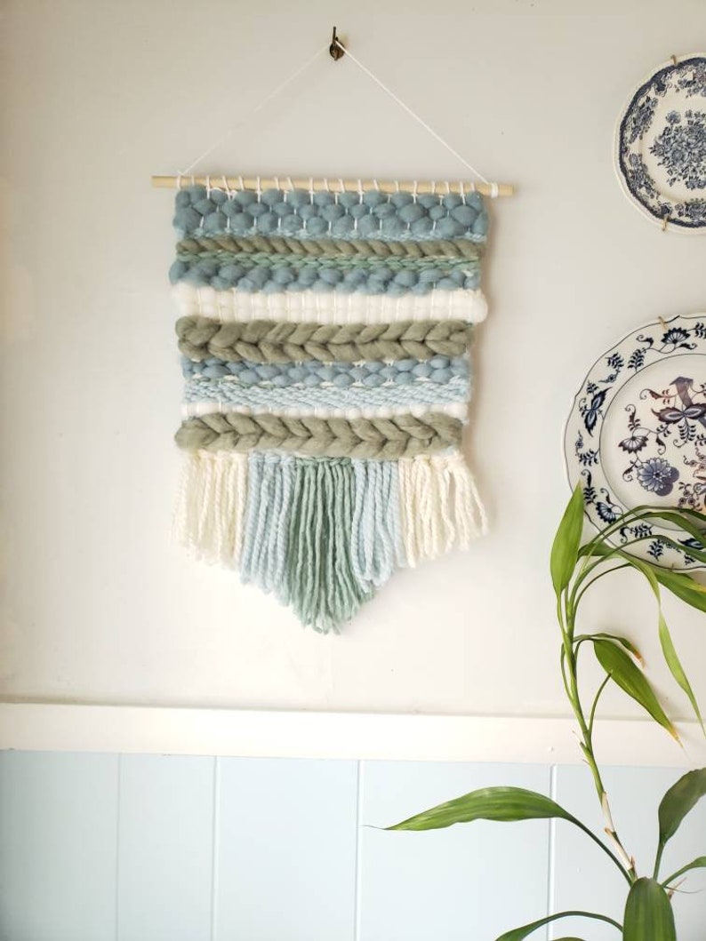 Azul Verde Y Crema Tejida Pared Textil Colgante Tapiz Etsy