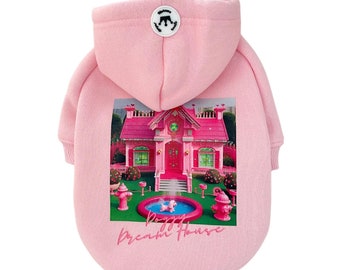 Pink Cotton Dog Hoodie With Colourful Graphic Lined With Fleece