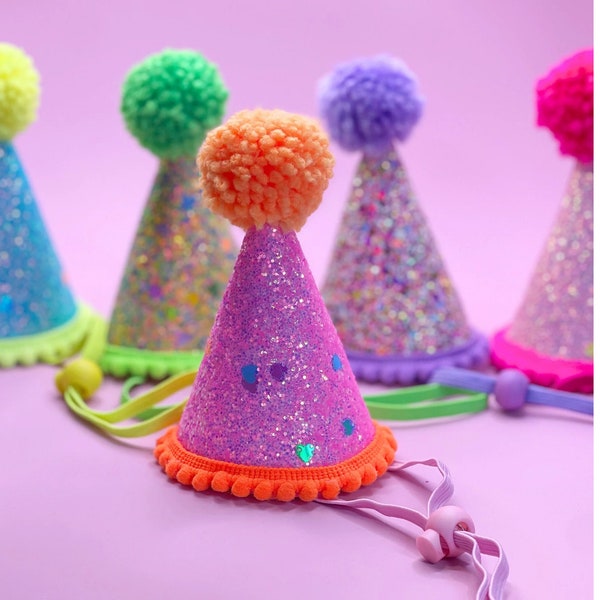 Pink and Orange Sparkly Dog Birthday Party Hat With Handmade Pom Pom