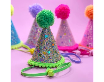 Sparkly Green Dog Birthday Party Hat With Handmade Pom Pom