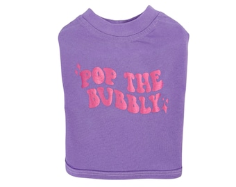 Purple Celebration Dog T-Shirt with Metallic Pink Text Graphic