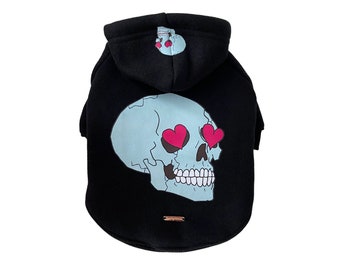 Black halloween dog hoodie with love struck skull graphic