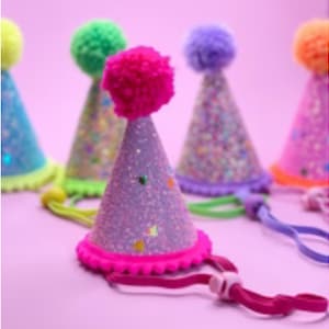 Chapéu de festa de aniversário de cachorro rosa brilhante com Pom Pom feito à mão