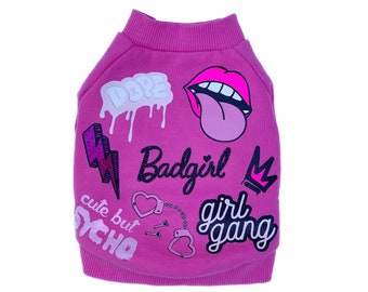 Dog Sweater || Dog Top || Pink || Cute Dog Clothes || Dog Crewneck || Patches ||