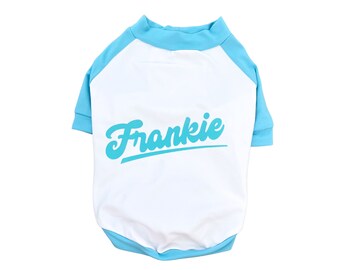 Personalized Teal and White Baseball Style Stretchy Dog Top