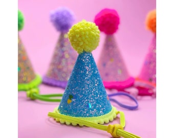 Yellow and Blue Sparkly Dog Birthday Party Hat with Handmade Pom Pom