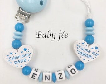 Personalized boy pacifier pacifier clip in wooden beads I love my mom / I love my dad