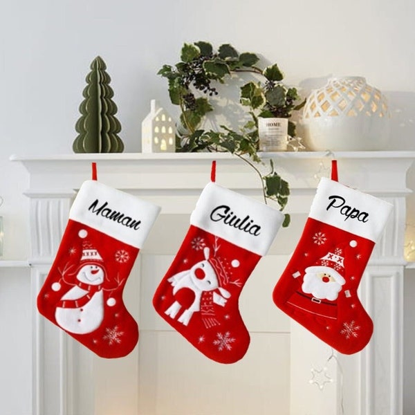 Grande botte chaussette de Noël personnalisée motif Père Noel renne bonhomme de neige personnalisé personnalisable au prénom