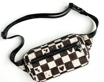 Kids Fanny Pack - Child Size Fanny Pack - Belted Waist Bag - Kids Hip Bag - Black and White Heart Check Fanny Pack