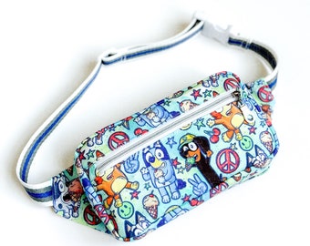 Kids Fanny Pack - Child Size Fanny Pack - Belted Waist Bag - Kids Hip Bag - Blue Retro Dogs Fanny Pack