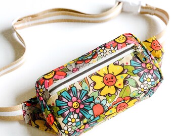 Kids Fanny Pack - Child Size Fanny Pack - Belted Waist Bag - Kids Hip Bag - Face Flowers Fanny Pack