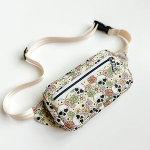 Kids Fanny Pack - Child Size Fanny Pack - Belted Waist Bag - Kids Hip Bag - Skulls and Flowers Fanny Pack
