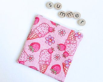 Kids Snack Bag - Ice Cream Snack Bag - Reusable Snack Bag - Strawberry Ice Cream Zipper Pouch - Kids Sandwich Bag