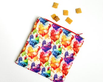 Snack Bag - Colorful Chickens Snack Bag - Reusable Snack Bag - Chicken Zipper Pouch - Reusable Sandwich Bag