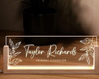 Personalized Modern Office Desk Name Plate, Custom Desk Nameplate with Wood Base, Lighted Acrylic Name Sign, LED Light Desk Accessories, as1