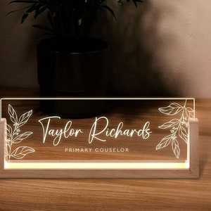Desk Nameplate with Wooden Base Personalized, Lighted Acrylic Nameplate, Office Decor, Business Gift, Employee Gifts, Gifts for Him/Her , M1