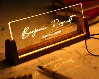 Custom acrylic sign on wooden stand, gift of warmth, wood and light fusion, experience the charm of night light, JK109