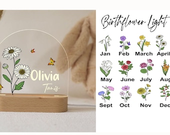 Personalized Birth Month Flower Acrylic Night Light, Boho LED Light, Custom Name, Flower Nursery Decor, Baby Shower Gift, Christmas Gift 405